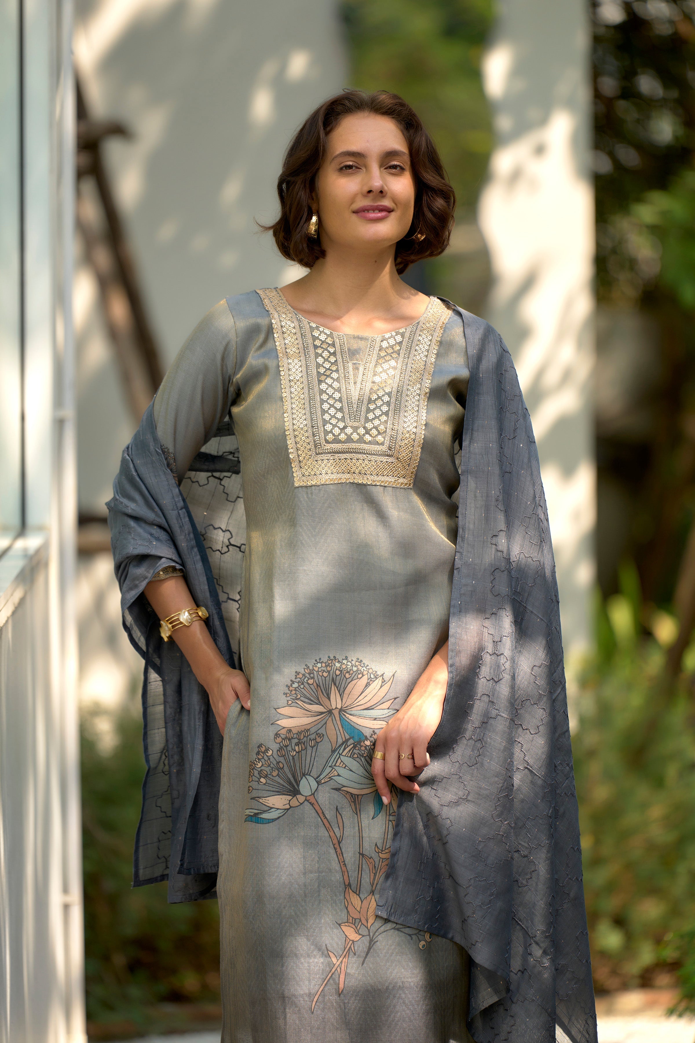Grey Floral Tissue Kurti Set with 3/4 Sleeves and Viscose Pocket Pant with Dupatta